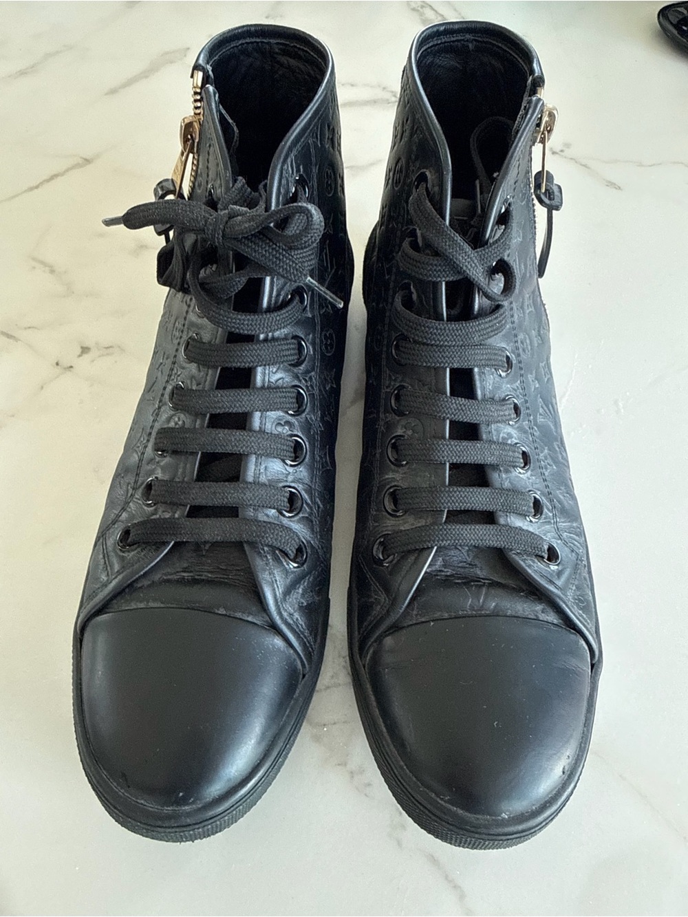 Louis Vuitton Black Monogram Embossed High-Top Shoe with Gold Zip